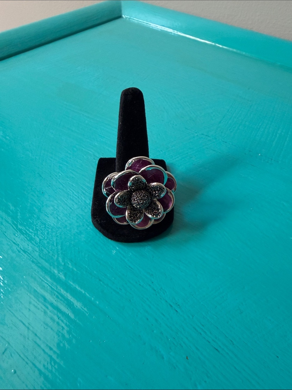 LGA size 10 Floral Statement Ring in Purple and Silver